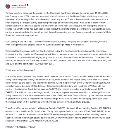 Разъяснение реакции Дональда Трампа на запрет тарифов Верховным судом – новые тарифы1