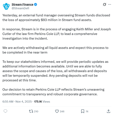 Stream Finance потерял $93 млн. Работа проекта остановлена0